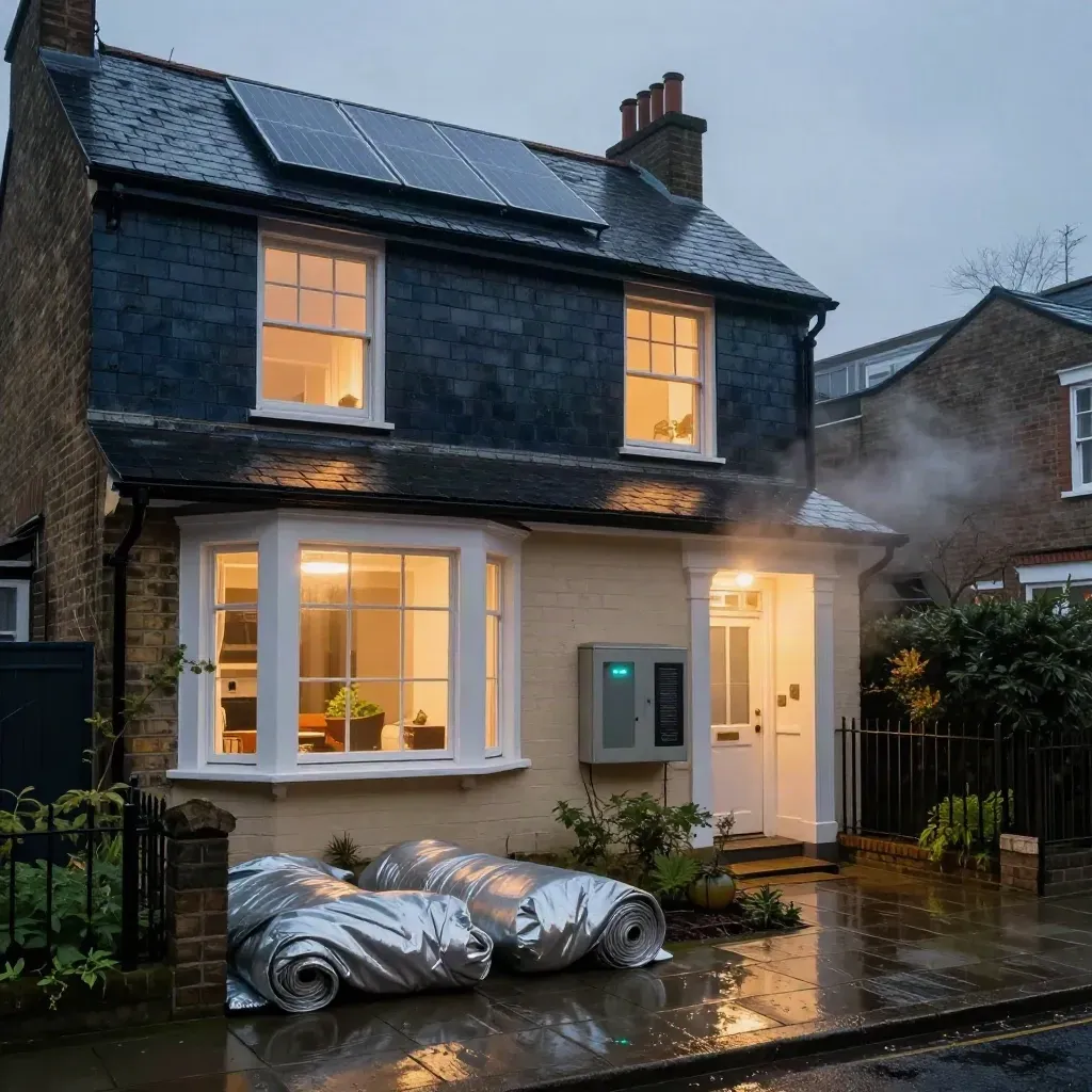 Victorian terrace retrofit with solar roof, warm windows and battery cabinet at blue hour.
