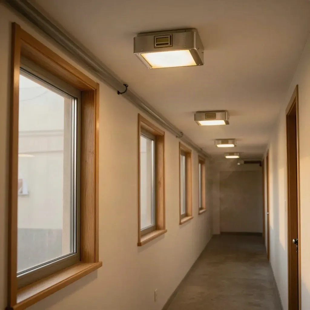 LED utility corridor with sealed window edges and a timer relay glowing warmly