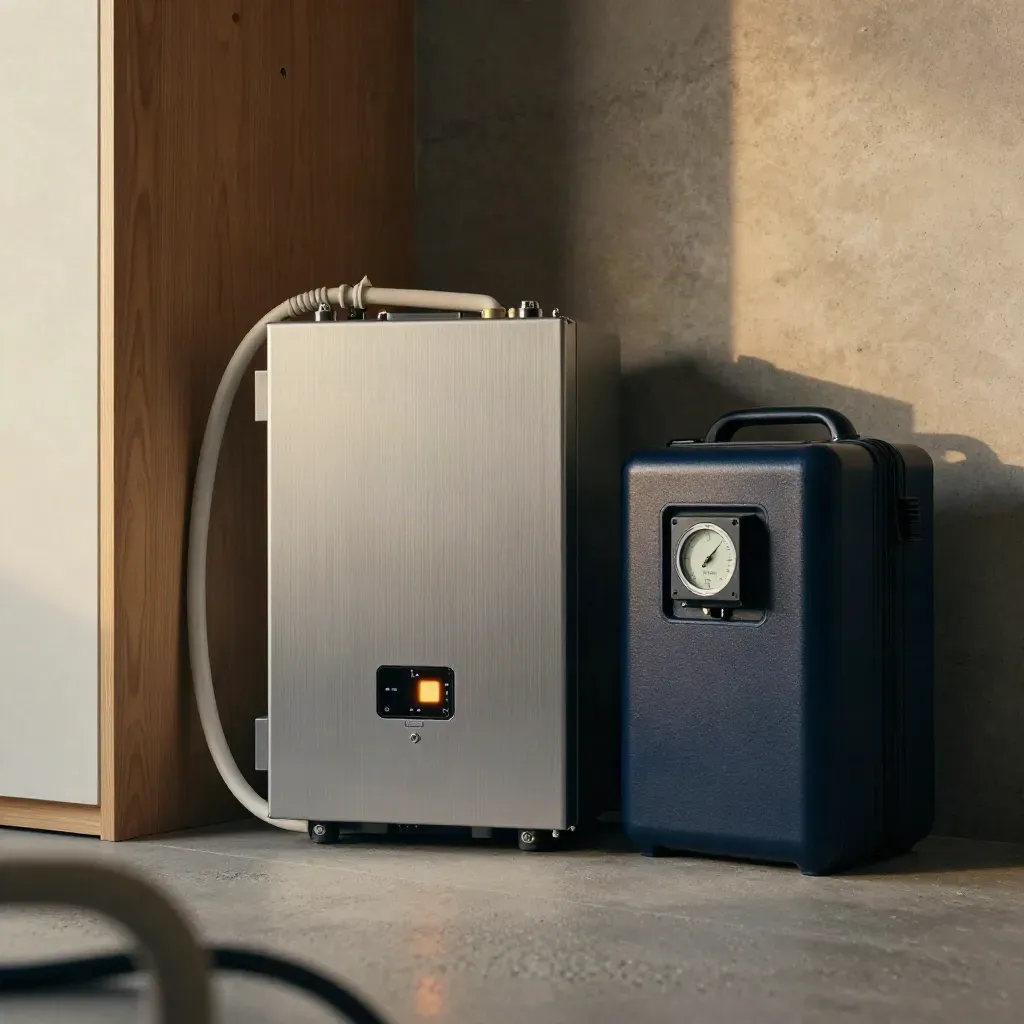 Home battery and inverter in a plant room, mid-switch to standby beside a glowing timer module.