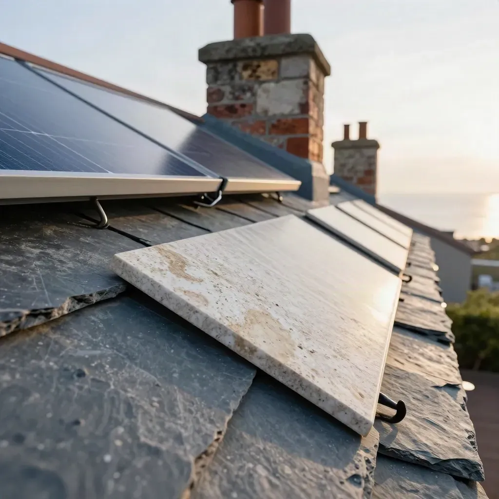 Low-angle rooftop close-up of slate tiles, solar panel sample, hooks, and a weathered chimney in bright haze.