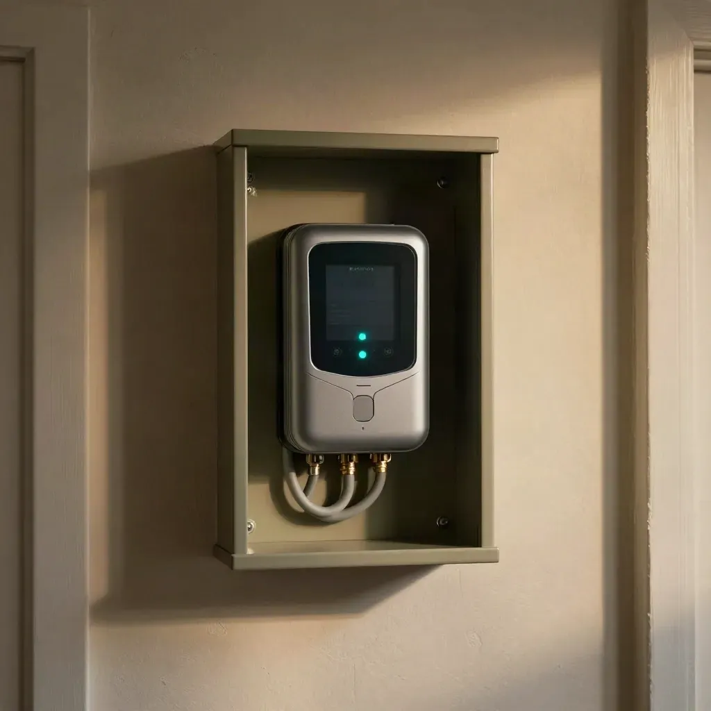 Freshly tidied meter cupboard with smart meter, sealed cabling and a subtle teal indicator glow
