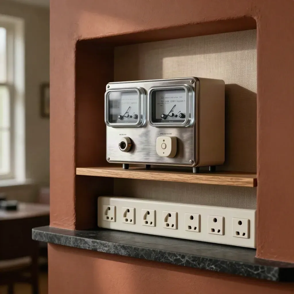Meter cabinet, timer relay and appliance plugs in a warm utility niche lit by window light.