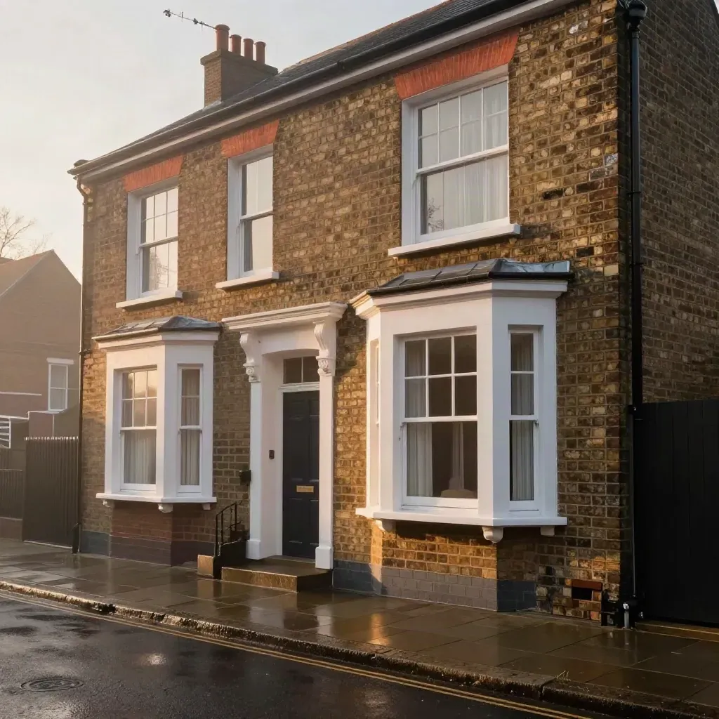South London terrace at dusk with sealed sash windows and warm loft glow after upgrades.