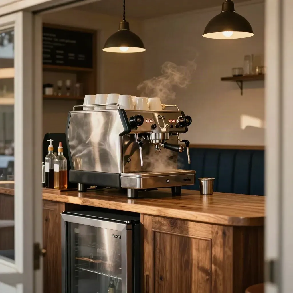 Compact café espresso station with glowing pendants, under-counter fridge, steam, and navy accents.