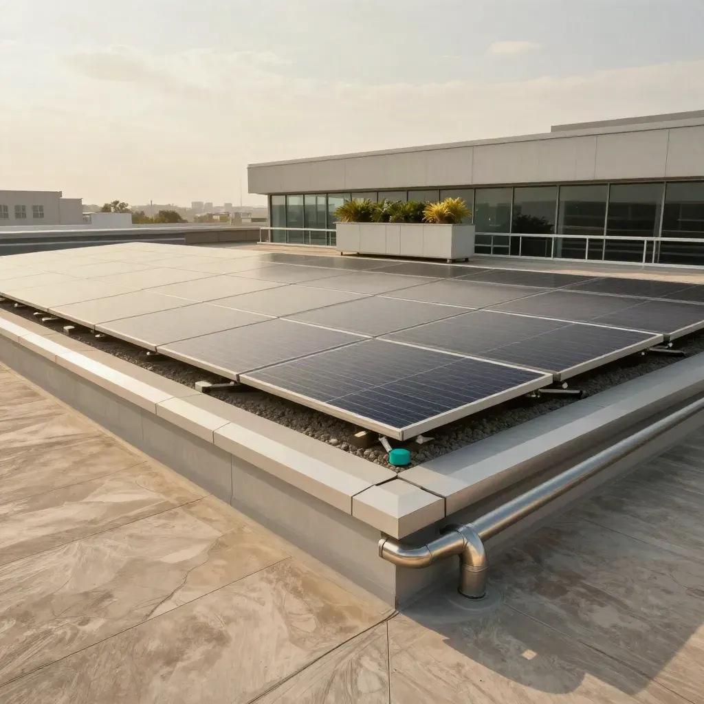 Low courtyard view of an office roof solar array and plant cabinet in warm daylight.