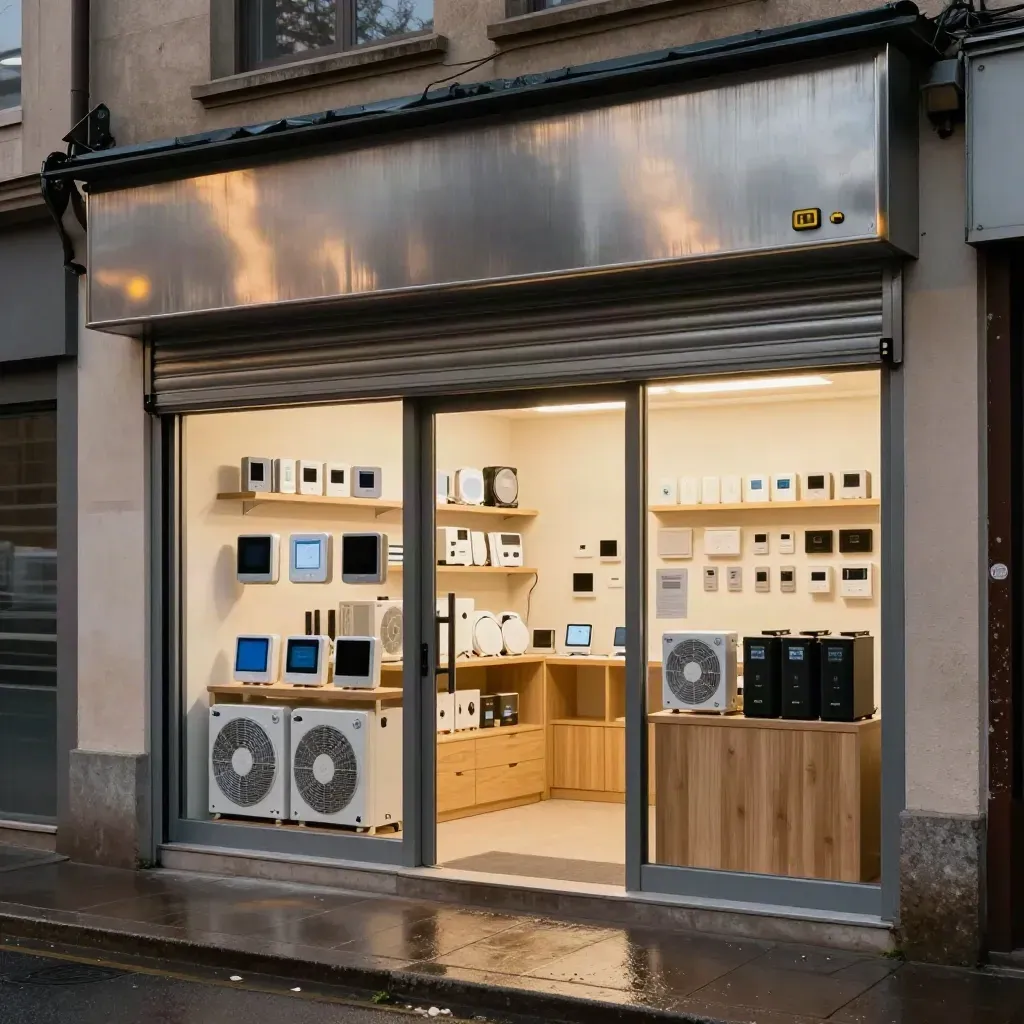 Evening retail frontage with dimming lights, back-room glow and energy display shelves in rain.
