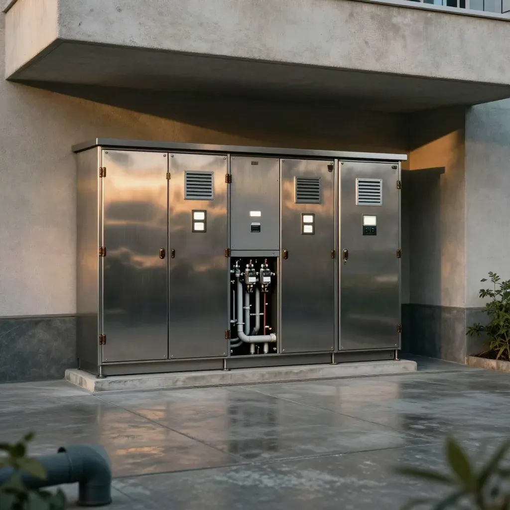 Hazy plant room with battery cabinets and inverter bank lit dramatically beneath a residential facade.