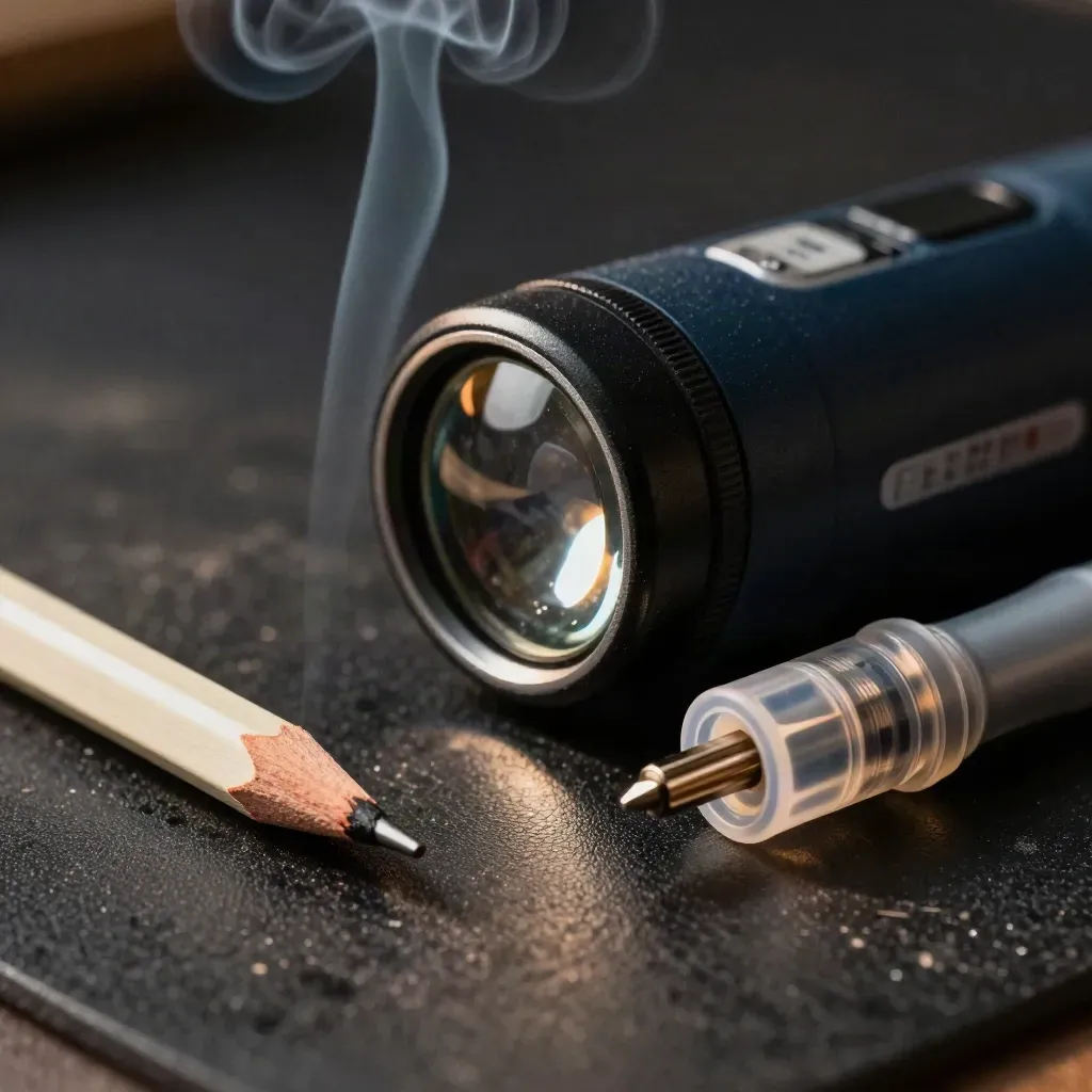 Extreme macro of an audit optic, smoke pencil and socket tester on a rubber mat.