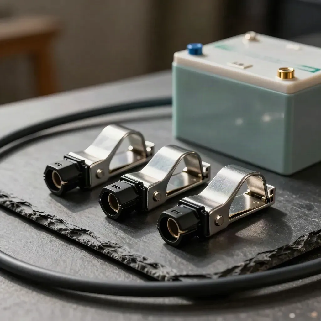 Solar clamps, MC4 connectors and battery module corner on a slate bench in dramatic workshop light.
