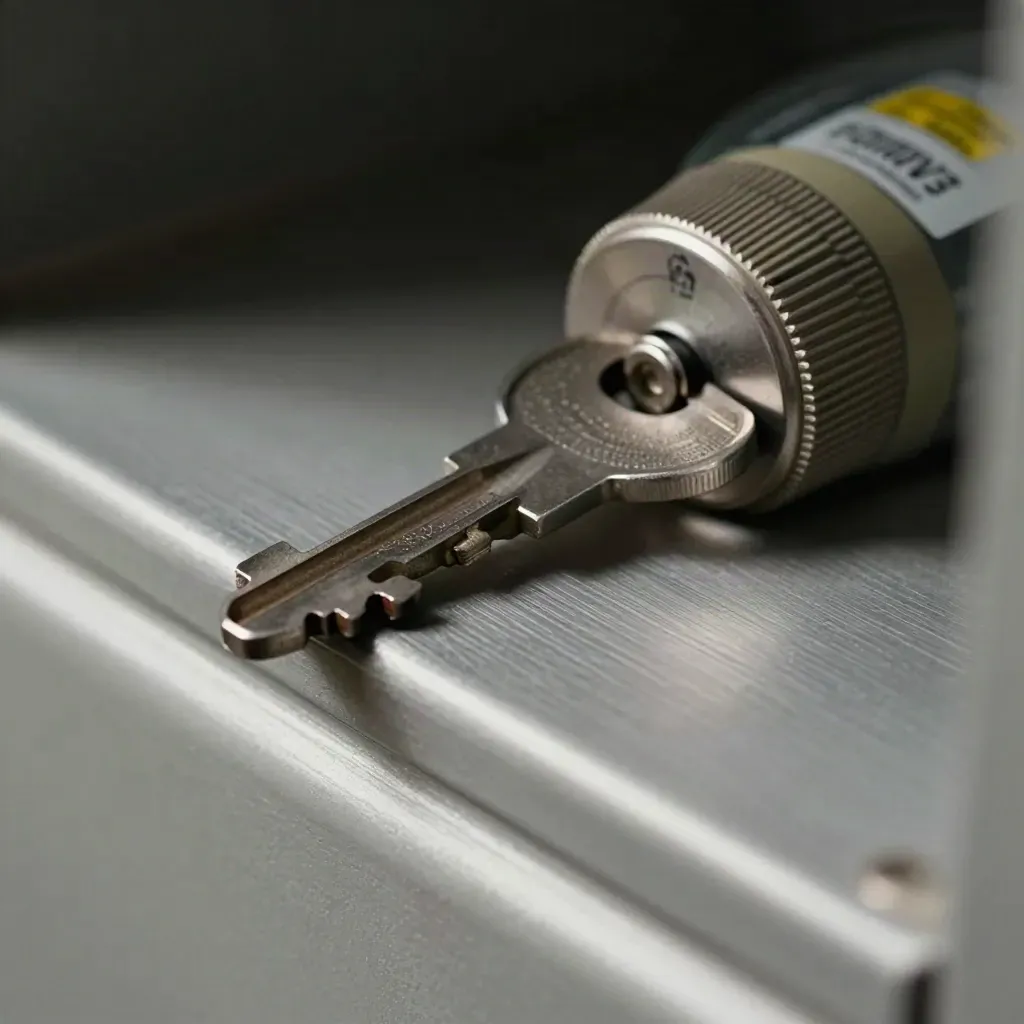 Meter key, timer dial and service seal on brushed steel, lit in a dark utility close-up.
