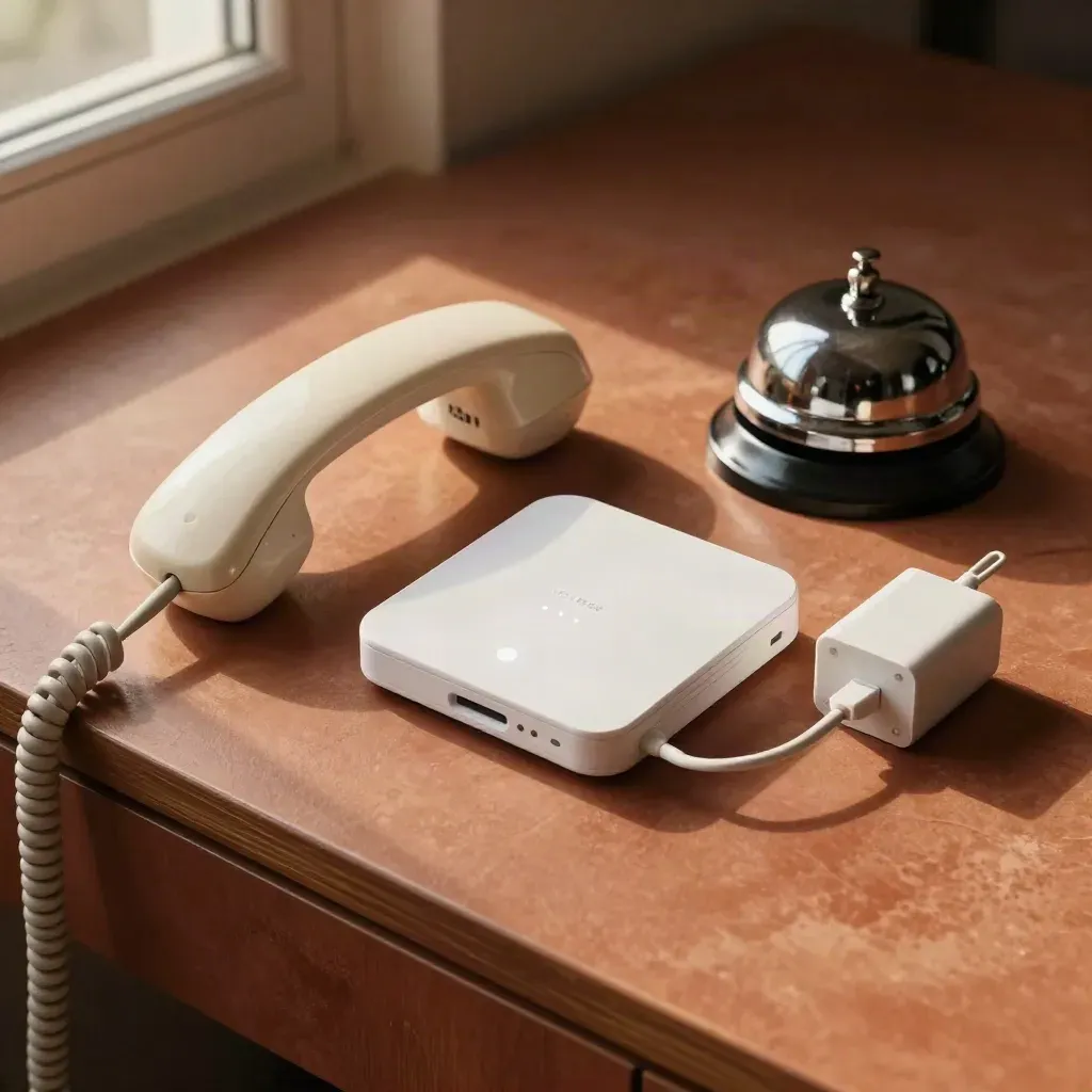 Top-down still life of a handset, router, adapter and bell on terracotta with soft daylight.