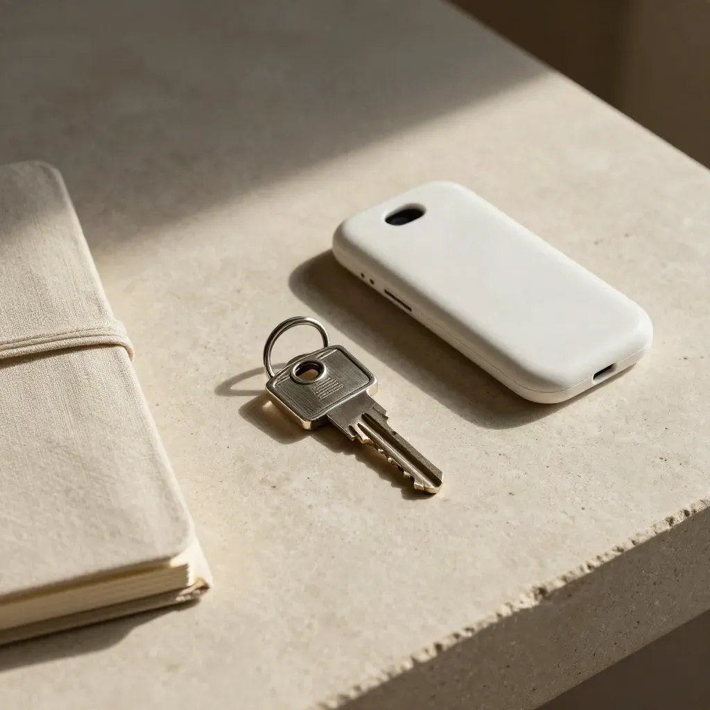 Top-down still life of a notebook, house keys and phone cradle on pale stone.