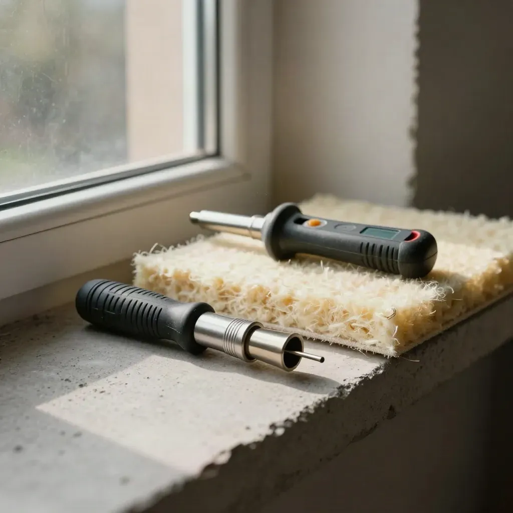 Thermal inspection kit on a concrete sill with torch, tester and loft insulation sample in soft window light