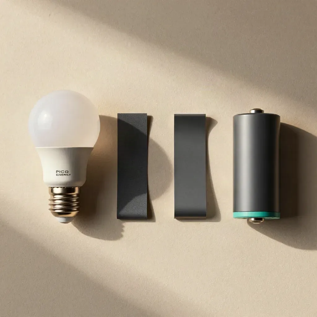 LED bulb, draught seal strip and battery module on plaster in an ordered flatlay