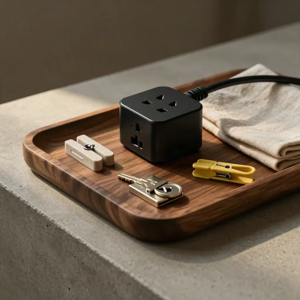 Walnut tray with smart plug, cable clips and a sealed service key on concrete, lit softly from the side.