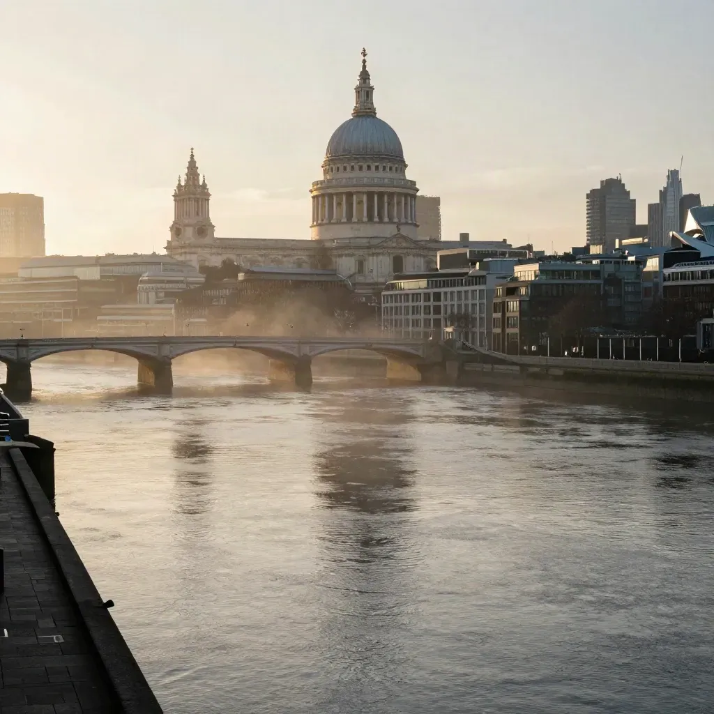 St Paul’s dome and the City skyline above the Thames in dawn haze, calm river below for copy.