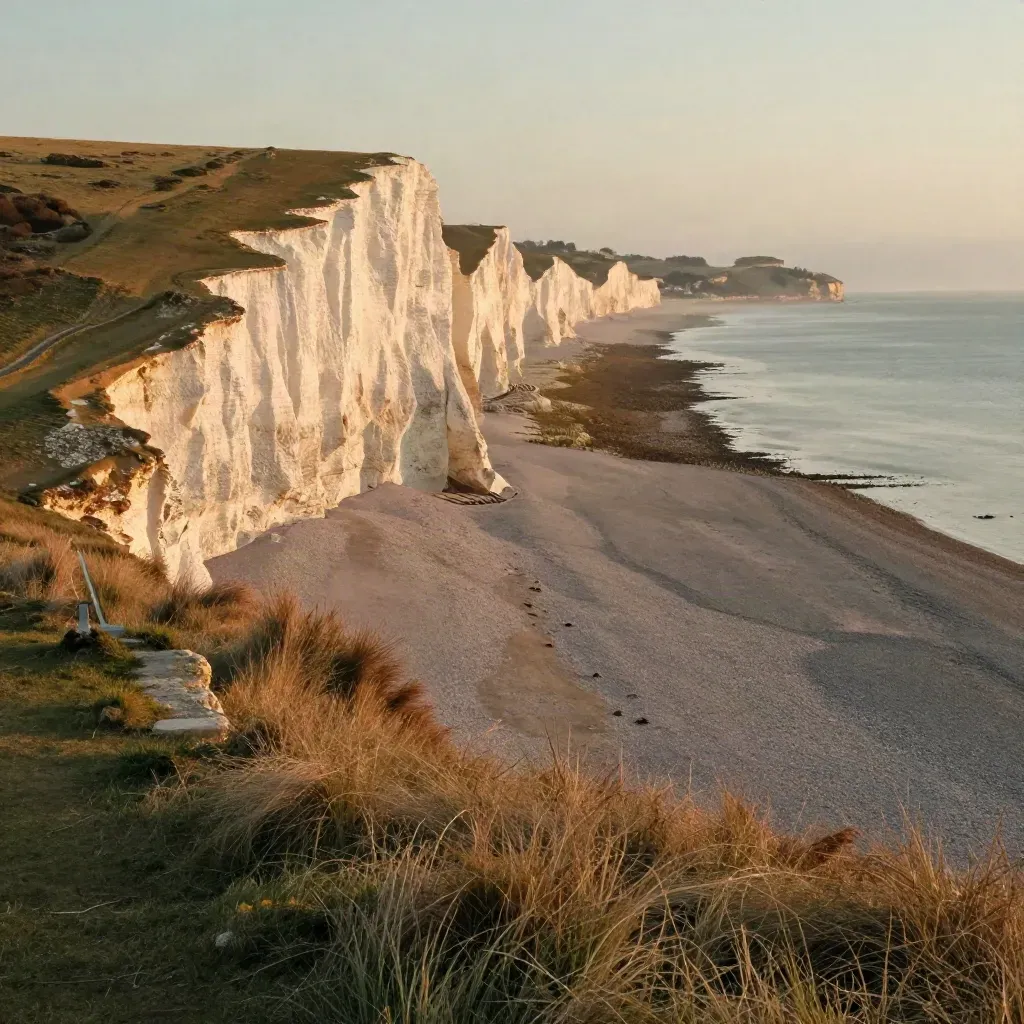 White Cliffs over a misty South East England coast, warm light and open calm foreground