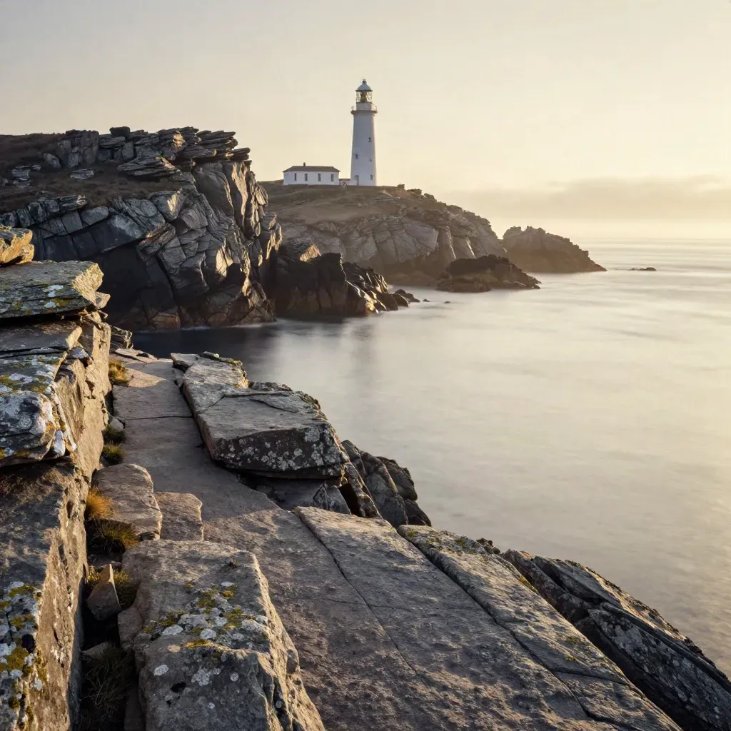 Cornish lighthouse on high sea cliffs above a hazy silver Atlantic, with calm copy space below