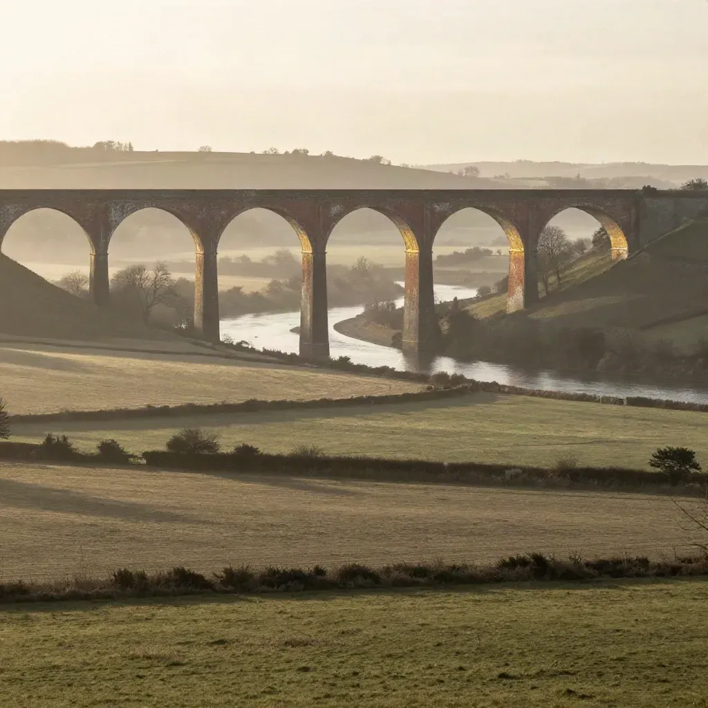 Red-brick viaduct above a misty valley and patchwork fields at sunrise.